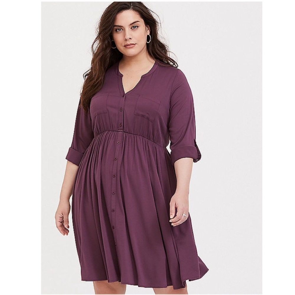 Purple Wine Challis Button-Front Shirt Dress